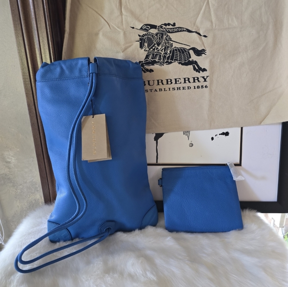 BURBERRY Prorsum Pebbled Calfskin Drawstring Lux Little Duffle Blue Azure